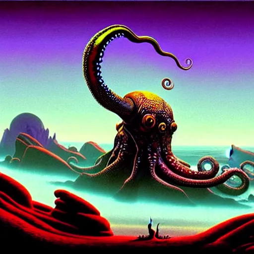 Image similar to highly detailed fantasy art of an alien cephalopod creature in a surreal landscape filled with mountains and mist, diffuse lighting by roger dean, kilian eng, mœbius