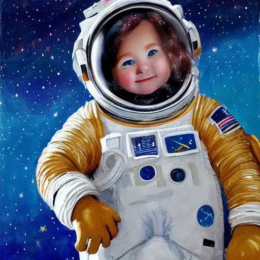 Image similar to a cute little girl with a round cherubic face, blue eyes, and short wavy light brown hair smiles as she floats in space with stars all around her. she is an astronaut, wearing a space suit. beautiful painting with highly detailed face by quentin blake and greg rutkowski