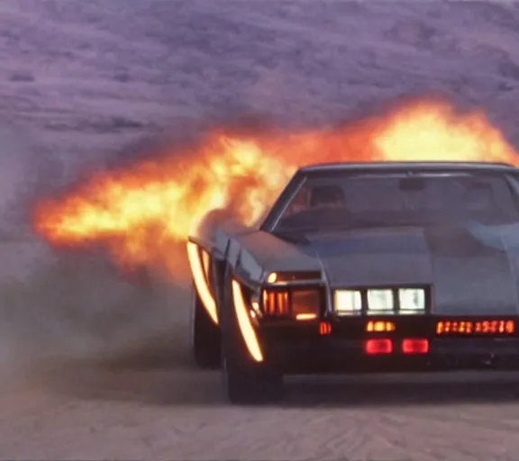 Image similar to a close - up, color cinema film still of knight rider kitt leaping over a jump, action cinematic.