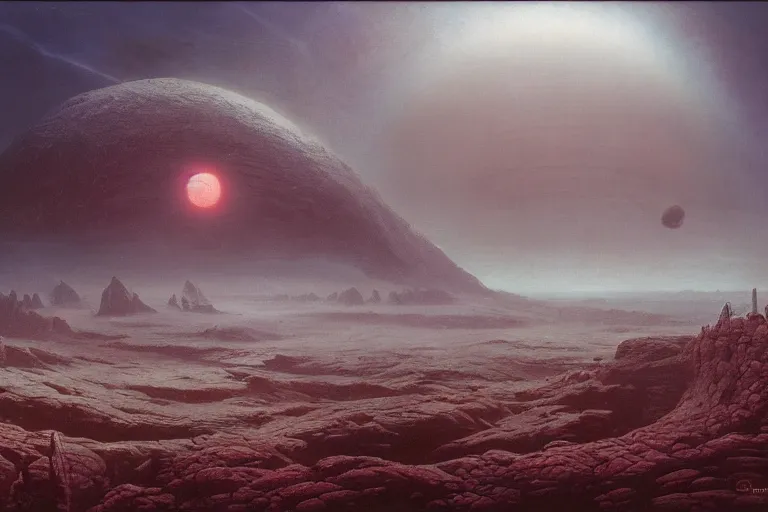 Image similar to salusa cecundus planet landscape, by rutkowski, beksinski, ridley scott, retro sci - fi movie, highly detailed, photorealistic, digital art, matte painting, hd illustration, deviantart, 8 k