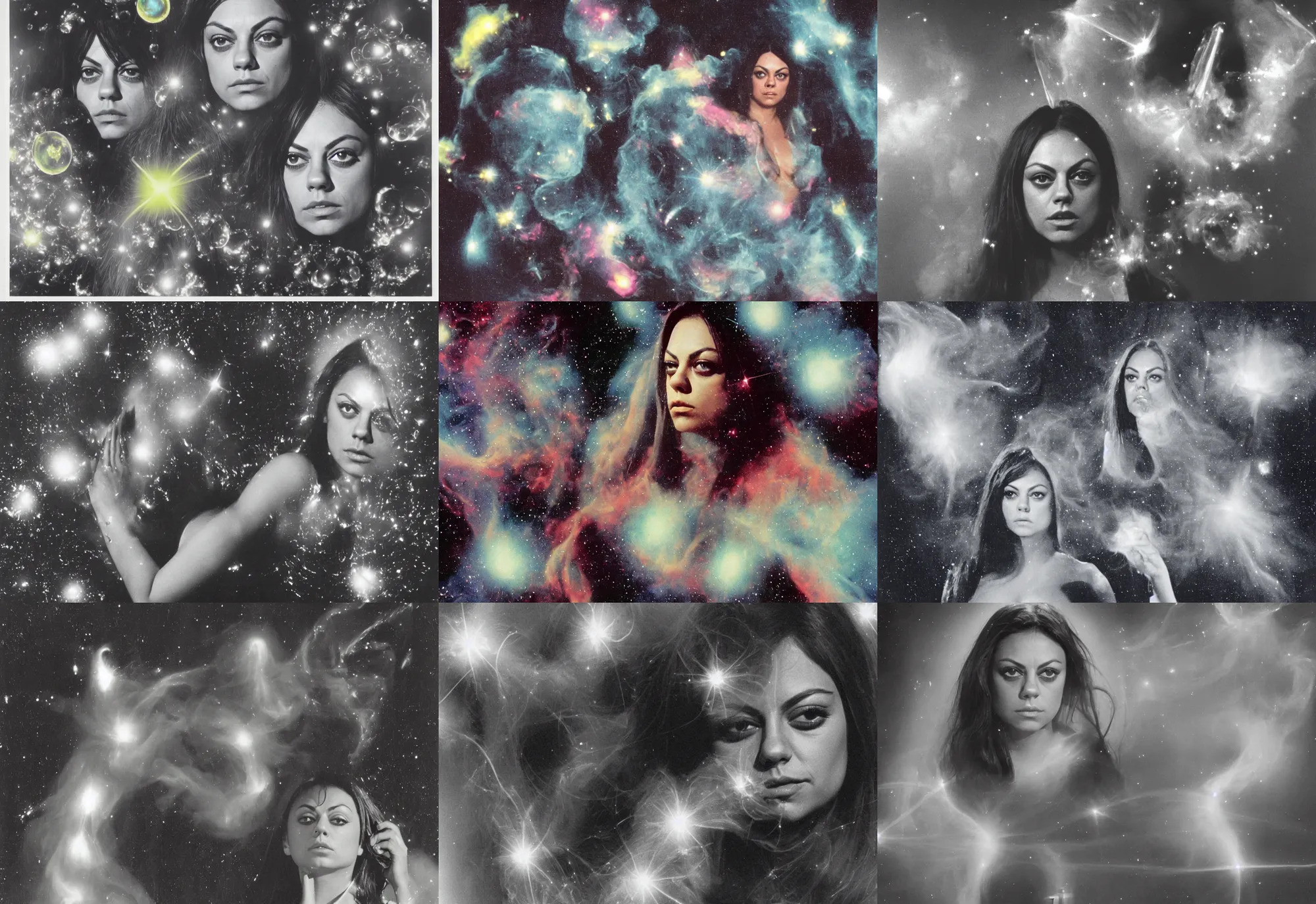 Image similar to 1970 Mila Kunis looking into the camera with small reflective bubbles, puffs of colored smoke, Nebula, Ludek Pesek, Rick Guidice, Chesley Bonestell, Lucien Rudaux, Rolf Klep, Fred Freeman, George Pal