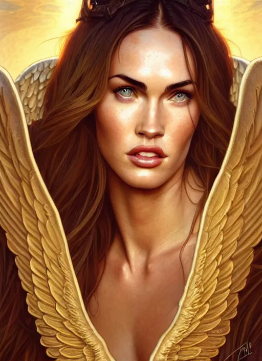 Image similar to portrait of megan fox as an blonde angel, wings, bible, intricate, headshot, highly detailed, digital painting, artstation, concept art, sharp focus, cinematic lighting, illustration, art by artgerm and greg rutkowski, alphonse mucha, cgsociety