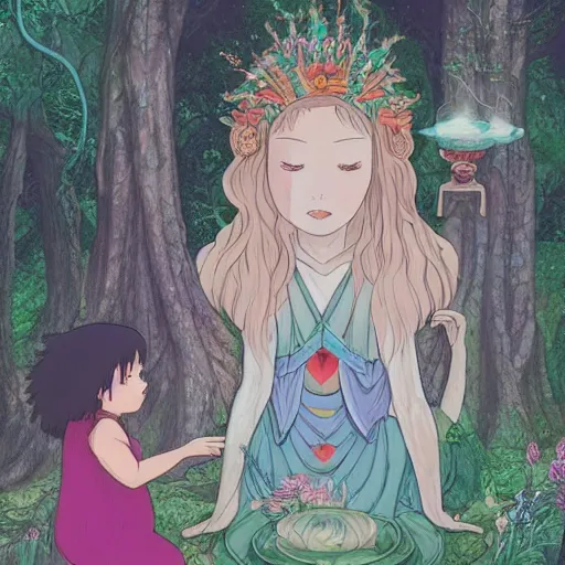 Prompt: “portrait of the goddess of love and her daughter making a ritual sacrifice in a magical forest, ghibli, detailed, sharp focus, digital art, detailed face”