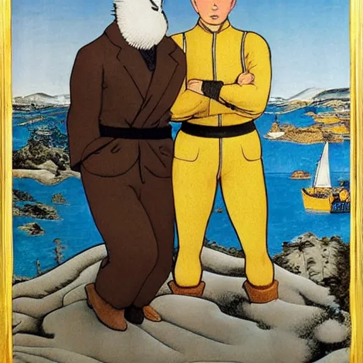 Prompt: Tintin and snowy by botticelli, highly detailed