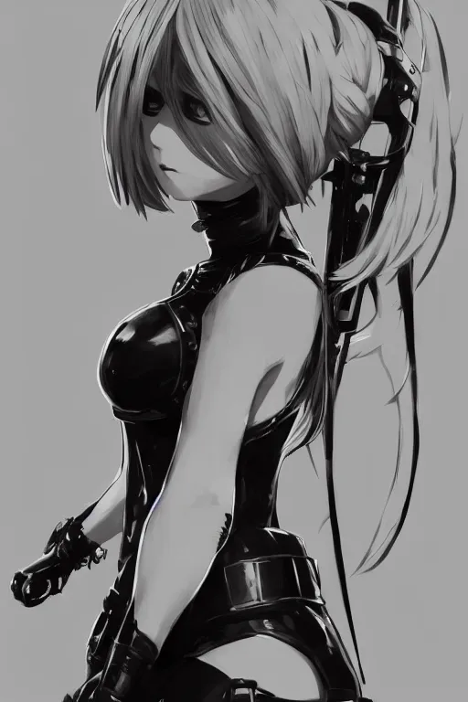 Image similar to a portrait of 2B from Nier Automata in the style of Yoji Shinkawa