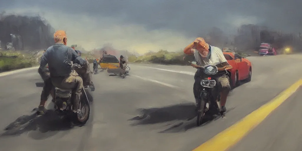 Prompt: Grampa zooming down the highway, hectic oil painting featured on ArtStation