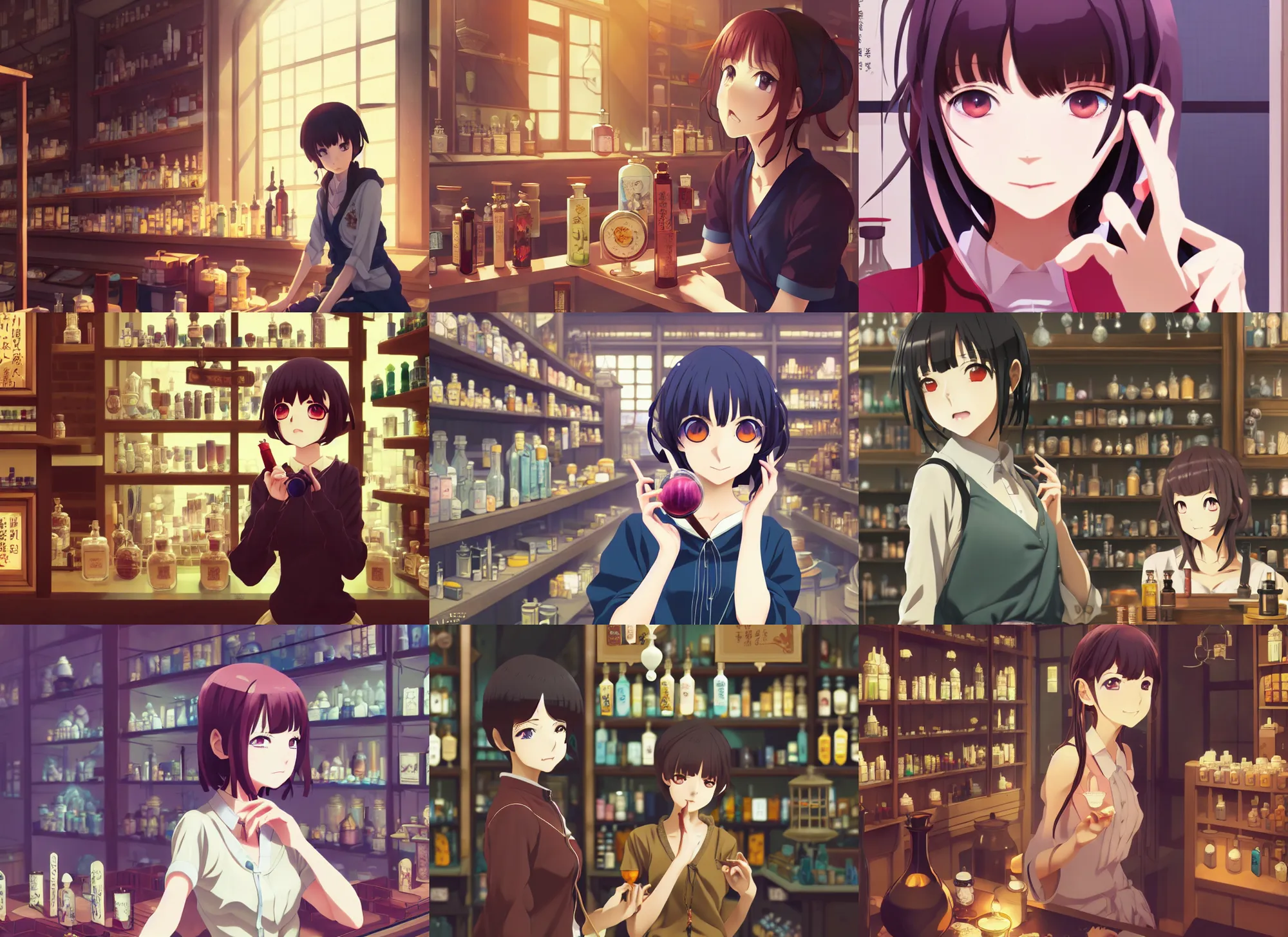 Prompt: anime visual, portrait of a young female traveler in a alchemist's potion shop interior shopping, cute face by ilya kuvshinov, yoshinari yoh, makoto shinkai, katsura masakazu, moody, dynamic perspective pose, detailed facial features, cel shade