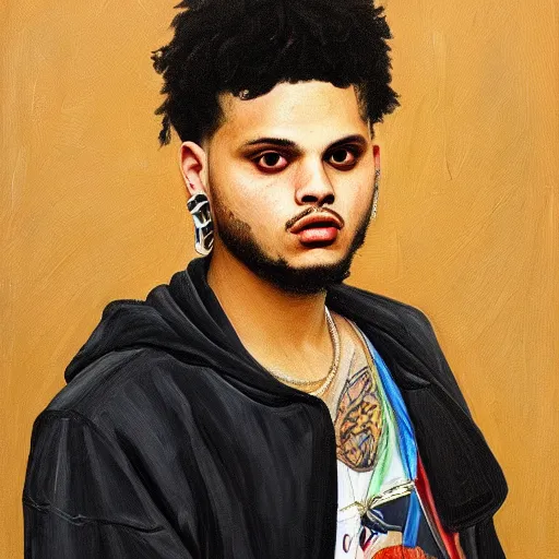 Image similar to a portrait painting of smokepurpp by giovanni bellini