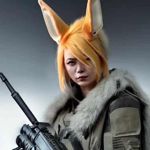 Image similar to close up of evil futuristic dystopian regime soldier, plasma gun, angry, blonde hair with fox ears, fluffy fox ears, human, female, concept design, contrast, hot toys, kim jung gi, greg rutkowski, zabrocki, karlkka, jayison devadas, trending on artstation, 8 k, ultra wide angle, pincushion lens effect