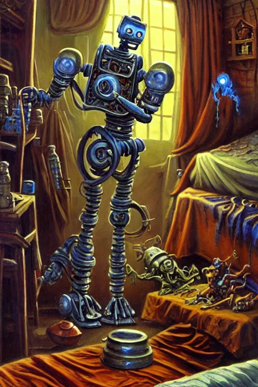Prompt: classic oil painting, a tarnished robot dressed in medieval pajamas, as a dnd character, inside a cluttered bedroom, cottagecore, highly detailed, digital illustration, concept art, smooth, sharp focus, art by roy c. krenkel, and boris vallejo, and manuel sanjulian, mystic, fractals, fog