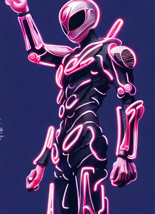 Image similar to kamen rider, hero human structure insects concept art, full body, intricate detail, art and illustration by kim hyung tae and irakli nadar and alexandre ferra, global illumination, action pose at tokyo cyberpunk neon light night