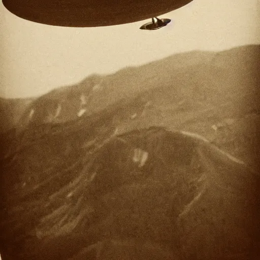 Image similar to a ufo seen on top of a mountain seen from an airplane, vintage photo, old, grainy, sepia