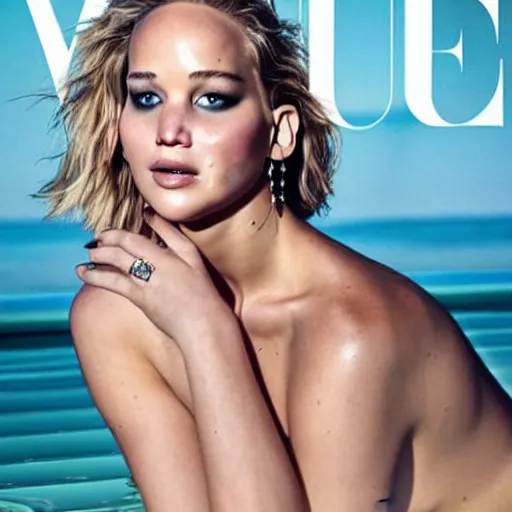 Image similar to a beautiful professional photograph for the cover of vogue magazine of jennifer lawrence, wearing a bikini, sitting in the bathtube looking at the camera in a flirtatious way, zeiss 5 0 mm f 1. 8 lens