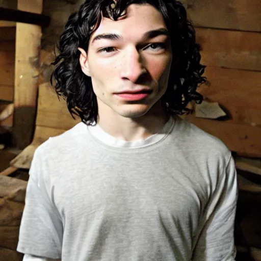 Prompt: old photo of Ezra Miller as a giant spider in an attic