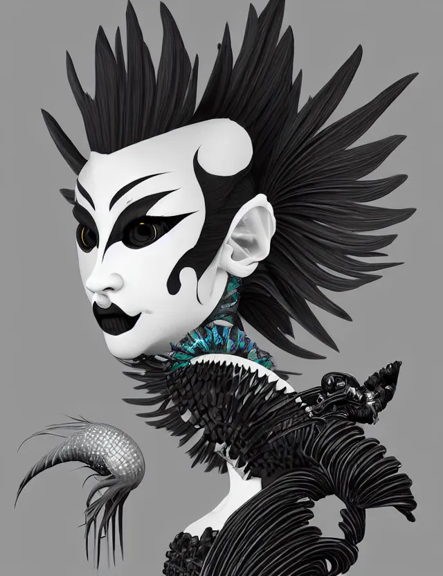 Image similar to 3 d goddess close - up profile simple portrait punk with mohawk with ram skull. beautiful intricately detailed japanese crow kitsune mask and clasical japanese kimono. betta fish, jellyfish phoenix, bio luminescent, plasma, ice, water, wind, creature, artwork by tooth wu and wlop and beeple and greg rutkowski