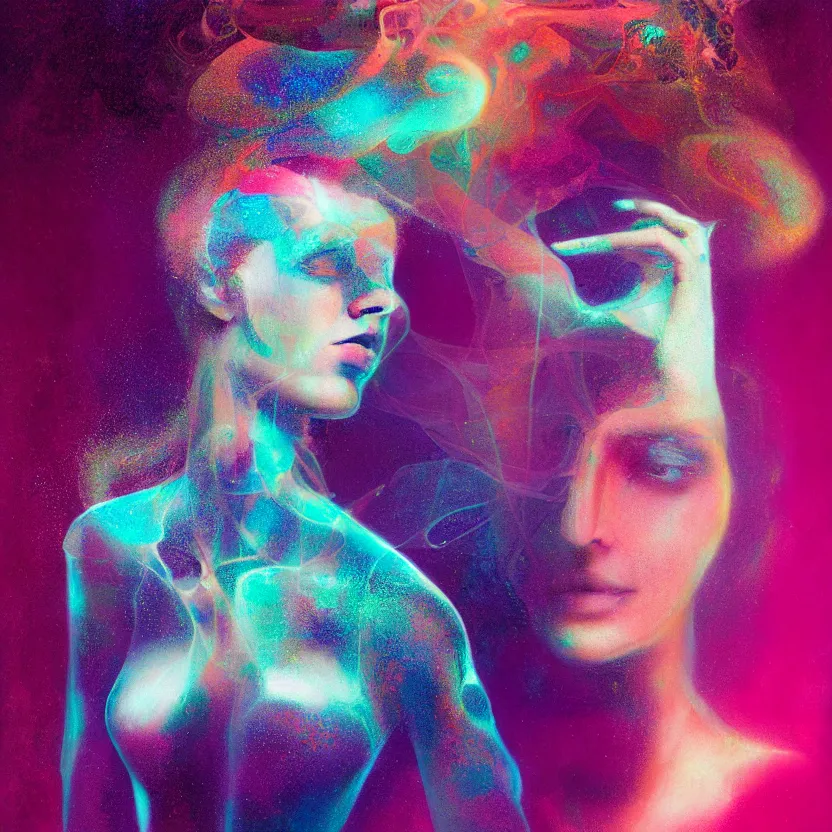 Image similar to a digital portrait painting of a woman, surrounded by synthesized ai djinn hologram, an ultrafine detailed painting by alberto seveso, a silk screen by julian schnabel, featured on deviantart, modern european ink painting, photoillustration, impressionism, biomorphic, behance hd, lovecraftian