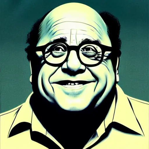 Prompt: danny devito in the style of phil noto, peter mohrbacher, thomas kinkade, artgerm, willa holland, dc comics, symmetrical eyes, city rooftop