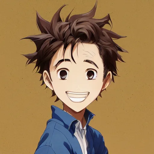 Prompt: A medium shot anime portrait of a happy anime man with extremely short light walnut hair, blue eyes, wearing a t-shirt, his whole head fits in the frame, solid background, head shot, by Stanley Artgerm Lau, WLOP, Rossdraws, James Jean, Andrei Riabovitchev, Marc Simonetti, and Sakimi chan, trending on artstation