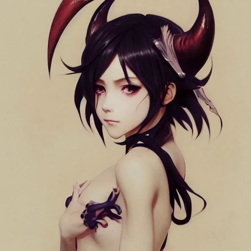 Prompt: a beautiful anime girl wtih gorgeous horns and bat wings,full body painting,by Greg Rutkowski and Ilya Kuvshinov and Alphonse Maria Mucha,super clear detailed,hyper realistic,trending on artstation,4k