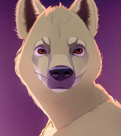 Image similar to digital detailed portrait of anthromorphic female hyena, in style of zootopia, fursona, furry, furaffinity, 4 k, deviantart, wearing astronaut outfit, in style of disney zootopia, floating in space, space background, in deep space, dark background, hyena fursona, cyberpunk, female, detailed face, style of artgerm,