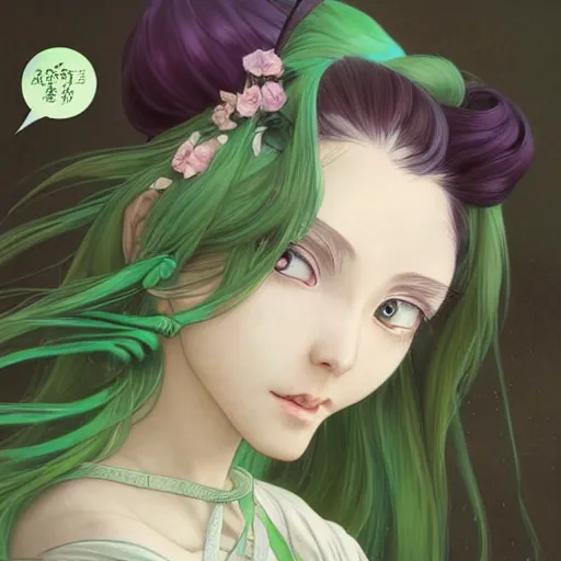 Prompt: girl with long light green hair, light green eyes, a small pigtail on the left side, chinese dress, anime style, hyper detailed, illustration, digital painting, art by artgerm and greg rutkowski and alphonse mucha, high delicate defined details, anime stylized, highly detailed, realistic, sharp focus, artstation