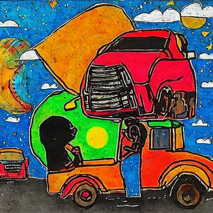 Prompt: UFO and an African Jesus in the sky , colourful, in the style of Nigerian truck art,