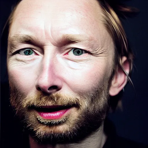 Image similar to Smiling Thom Yorke, with a beard and a black jacket, a portrait by John E. Berninger, dribble, neo-expressionism, uhd image, studio portrait, 1990s