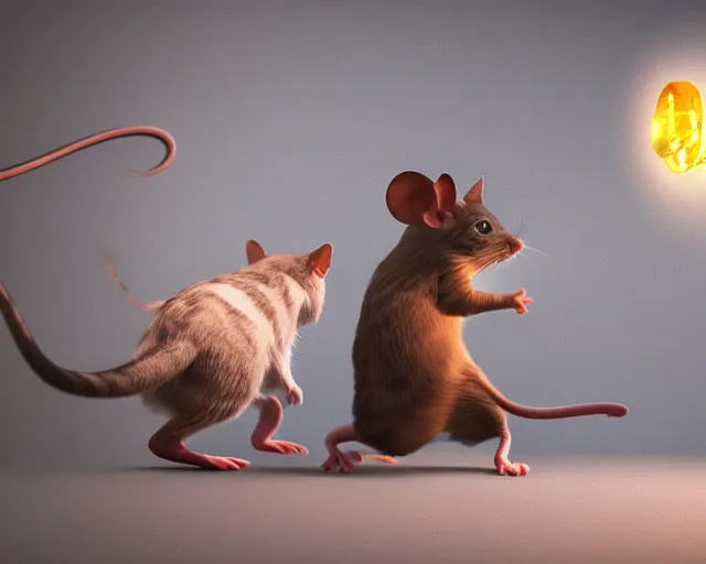 Prompt: a mouse being chased by a cat, digital painting, extremely detailed, sharp focus, unreal engine 5 highly rendered, global illumination, radiant light, highly detailed face
