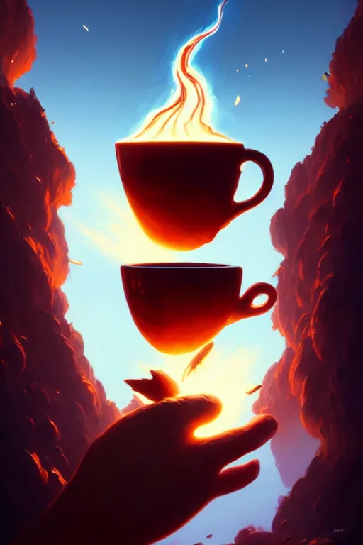 Image similar to coffee cup with whipped cream, volcano erupting from inside the cream, stephen bliss, unreal engine, fantasy art by greg rutkowski, rhads, ferdinand knab, makoto shinkai and lois van baarle, ilya kuvshinov, rossdraws, tom bagshaw, global illumination, radiant light, red blue theme, pine forest