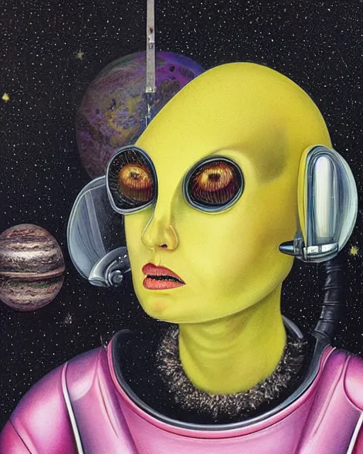 Prompt: portrait, headshot, pulp illustration by Laurie Lipton, of beautiful lady alien extraterrestrial with iridescent faceted bug eyes, yellow feathered antennae coming out of her head, dark green and yellow mottled skin, sexy skintight pink and silver spacesuit, standing in front of a spacecraft near a lake, scifi, futuristic, realistic, hyperdetailed, chiaroscuro, concept art, art by gil elvgren, by Robert McGinnis