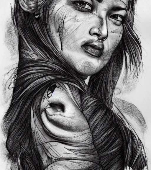 Image similar to a beautiful woman face next to mighty mountains, tattoo design sketch, amazing blend effect, hyper - realistic, in the style of matteo pasqualin, amazing detail, black and white