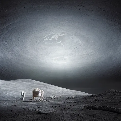 Prompt: a farm on the moon, earth seen in the distance by michal karcz, macabre