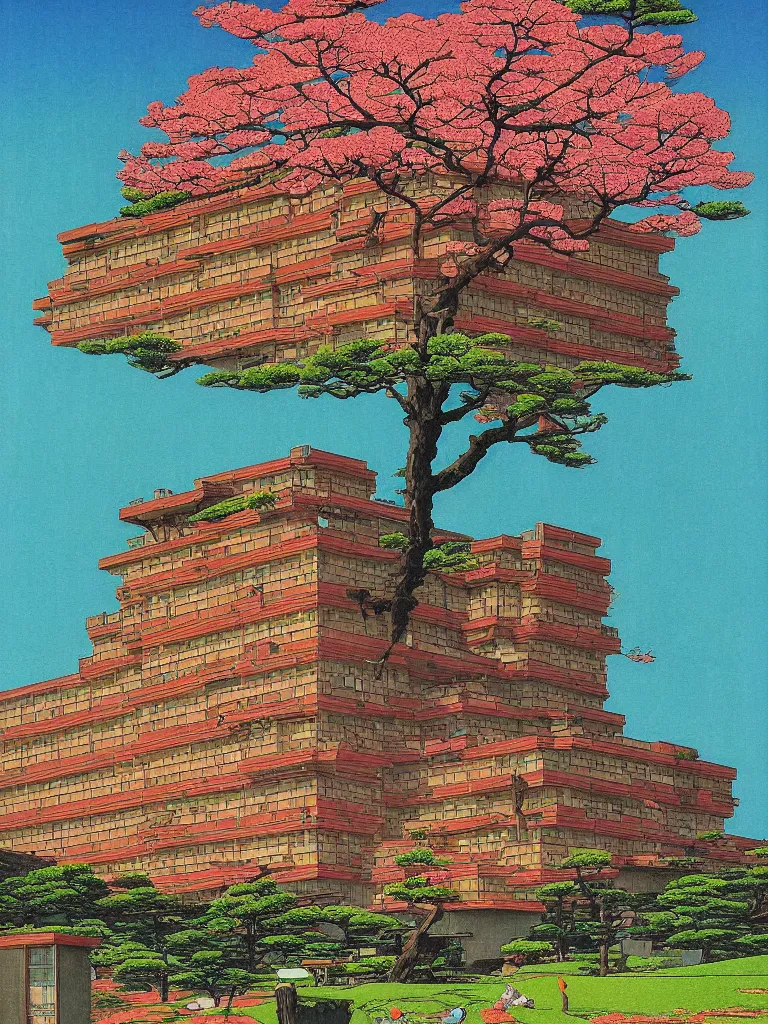 Image similar to a psychedelic hallucination of a brutalist hotel in the springtime blossom mountains, by kawase hasui, moebius, edward hopper, colorful flat surreal design, dramatic lighting, hd, 8 k, artstation