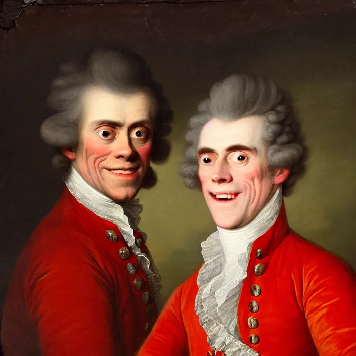 Prompt: an 18th Century royal portrait of a smiling Willem Dafoe with blood red eyes, portrait, 8k