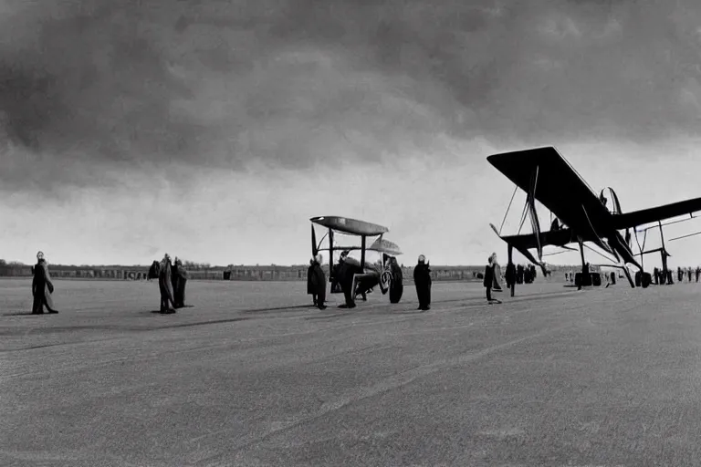 Image similar to still photo of the wright brothers taking off an airplane for the first time, black and white color photograph, highly detailed, photorealistic shot, bright studio setting, studio lighting, crisp quality and light reflections, unreal engine 5 quality render