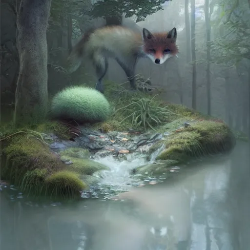 Image similar to tom bagshaw, soft painting render curiosities pond vegetation rocks covered moss scintillating, beautiful running fox, accurate features, focus, very intricate ultrafine details, random volumetric lighting, dense fog, award winning masterpiece, octane render 8 k hd, artstation