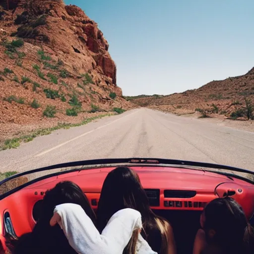 Image similar to three friends in an open convertible, roadtrip on route 66