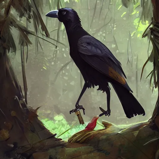 Image similar to concept art painting of a person with a head of a crow, with steampunk clothes, in the deep forest, realistic, detailed, cel shaded, in the style of makoto shinkai and greg rutkowski and james gurney