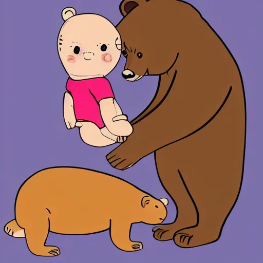 Image similar to drawing of a bear playing with a baby human doll. digital art. high quality. high fidelity