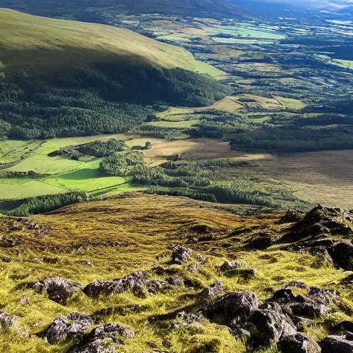 Prompt: view from the top of a scottish mountain towards a lush valley