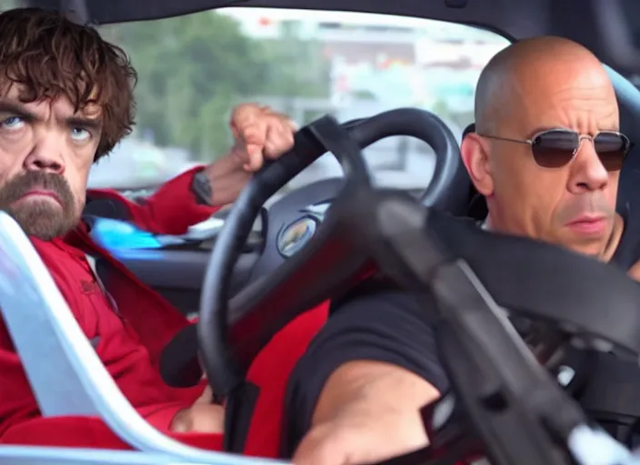 Image similar to peter dinklage driving a little tikes car, racing vin diesel, movie still, explosions in the background, from the new fast and furious movie, 8 k, realistic