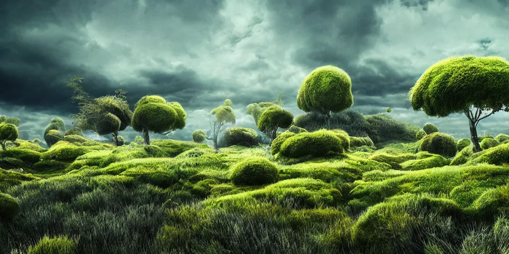 Prompt: windy fantasy landscape with swept-over trees and swept-over extremophile plants, far away landscape shot with visible wind, tilt-shifted, high quality art, 4k