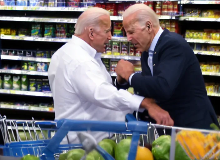 Image similar to Joe Biden punching a fat man at the supermarket, 8K, high quality, highly detailed