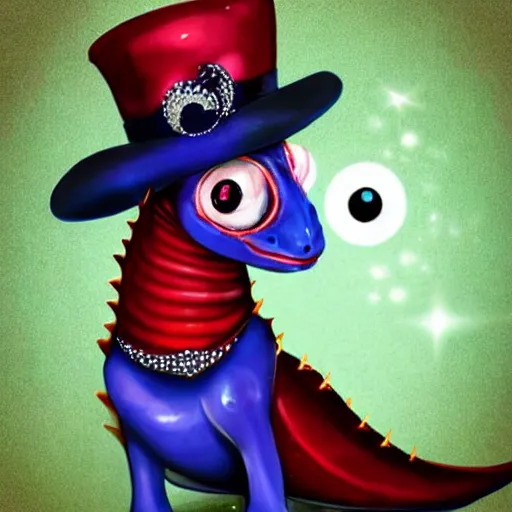 Prompt: Adorable sparkling, shiny crimson baby dragon with cute crystal clear blue eyes wearing a black top hat and a monocle