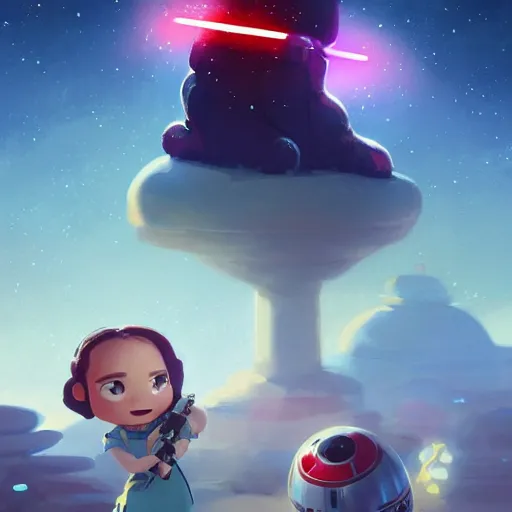 Prompt: a wholesome animation key shot of cute chibi star wars, colorful, pixar and disney animation, sharp, very detailed, high resolution, key art by greg rutkowski, bloom, dramatic lighting