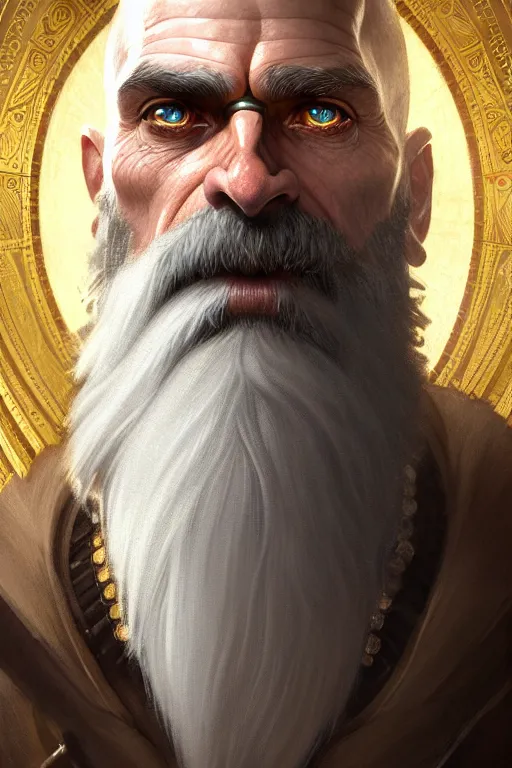 Image similar to portrait of a middle aged grey haired man in a monocle in the style of god of war, golden machine parts, intricate, elegant, highly detailed, digital painting, artstation, concept art, smooth, sharp focus, illustration, art by artgerm and greg rutkowski and alphonse mucha, 8 k