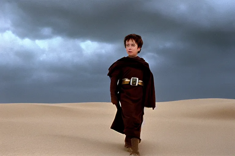 Prompt: a cinematic wide angle shot of a boy in the movie dune, in a serene vast desert, stormy weather, dry, film still, cinematic, movie still, dramatic lighting, by annie leibovitz