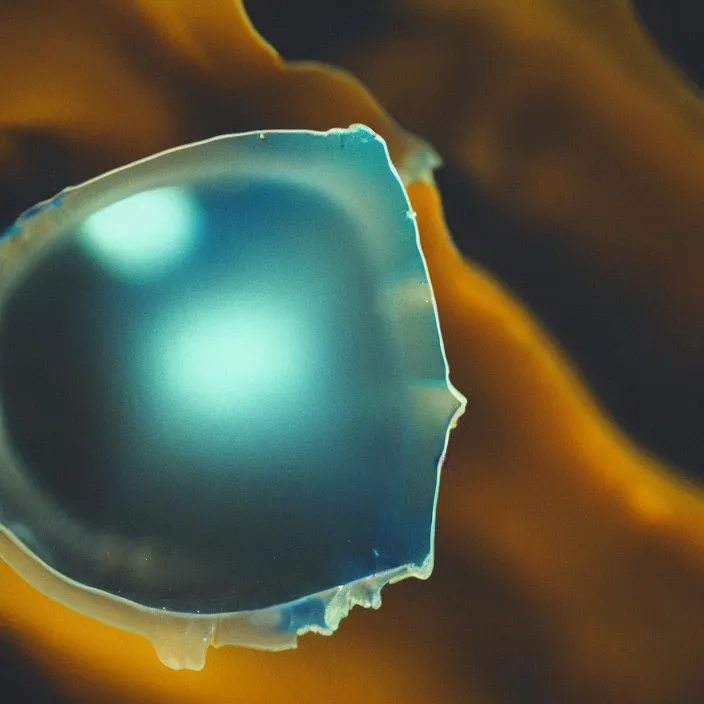 Image similar to a polaroid photograph of a deep ocean ribbon jelly, shallow depth of field