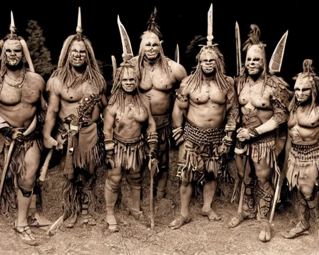 Image similar to group vintage photograph of a real fantasy warrior orc tribe, tall, muscular, armored, tribal paint, highly detailed