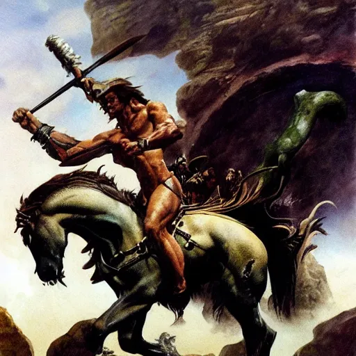Image similar to barbarian warrior riding a chariot by Boris Vallejo and Frank Frazetta